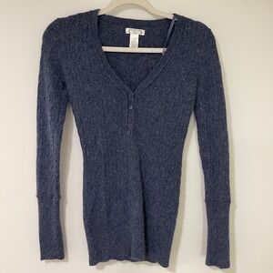 Aphorism Angora Lambswool Cable Knit Henley Sweater Womens Small Blue Longline